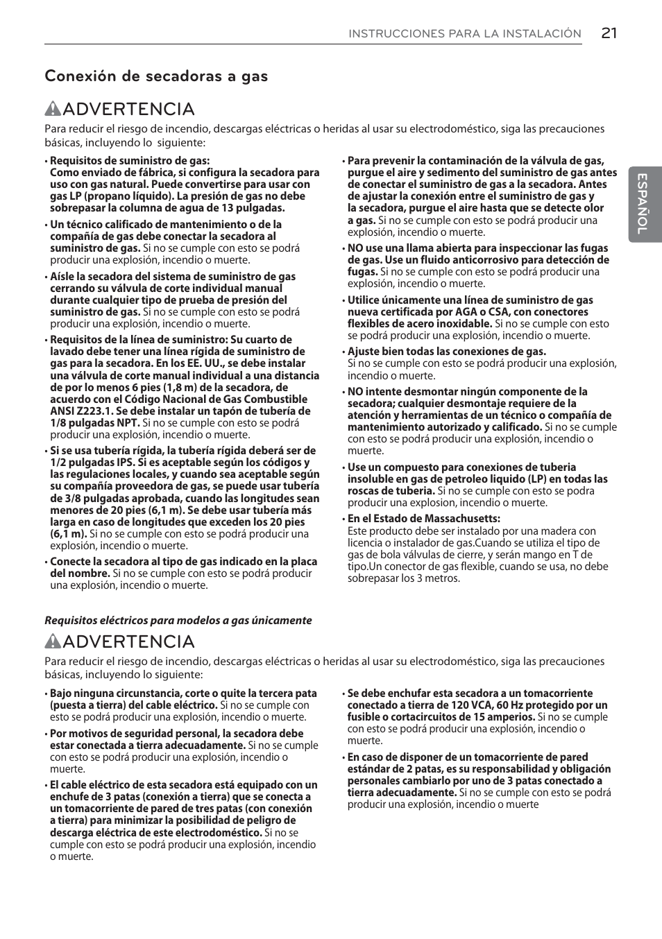 Wadvertencia, Conexión de secadoras a gas | LG DLEX3570W User Manual | Page 75 / 116