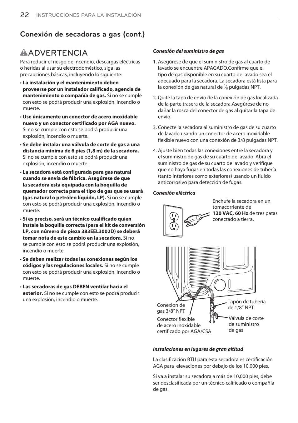 Wadvertencia, Conexión de secadoras a gas (cont.) | LG DLEX3570W User Manual | Page 76 / 116