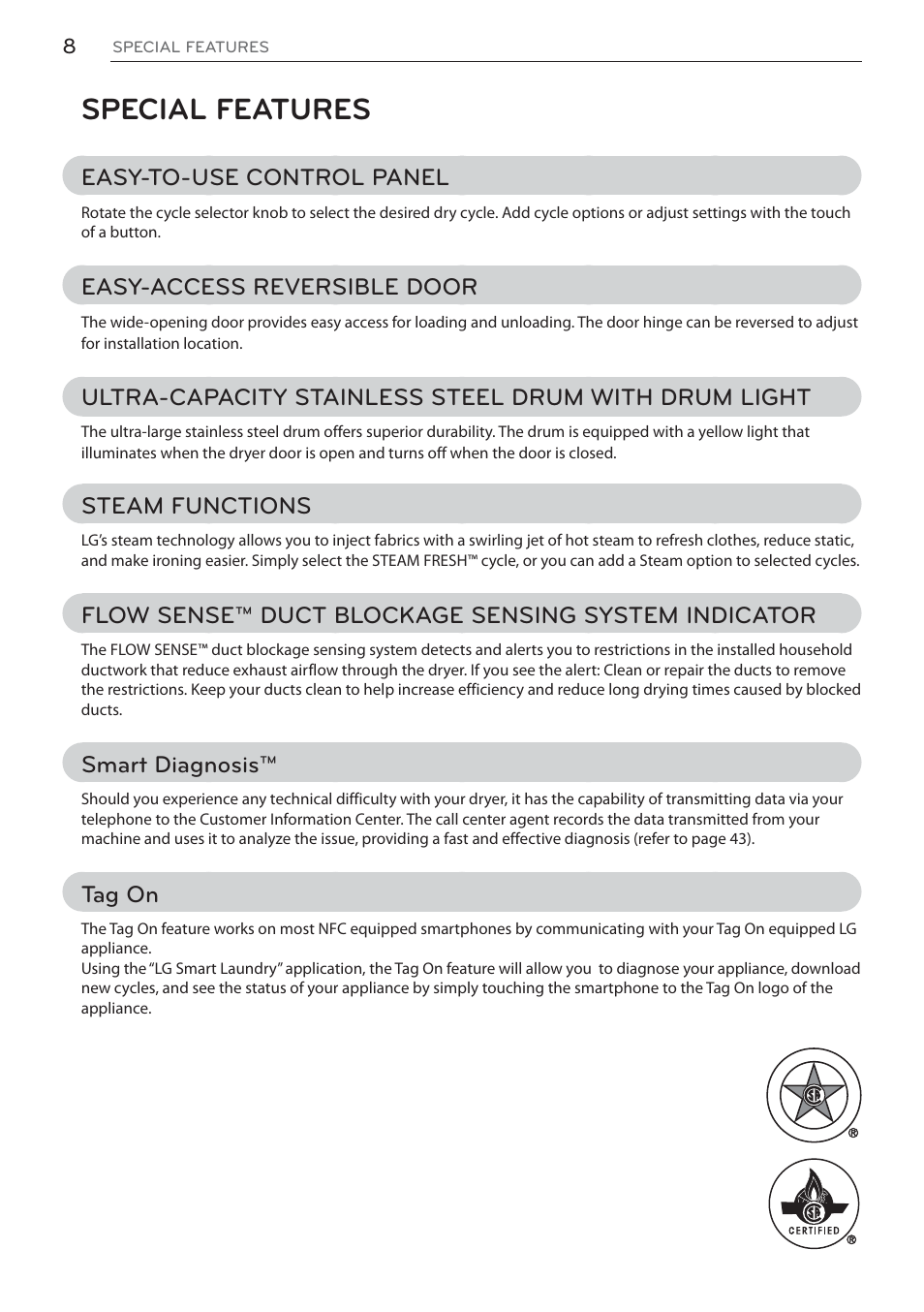 Special features, Easy-to-use control panel, Easy-access reversible door | Steam functions, Flow sense™ duct blockage sensing system indicator, Smart diagnosis, Tag on | LG DLEX3570W User Manual | Page 8 / 116