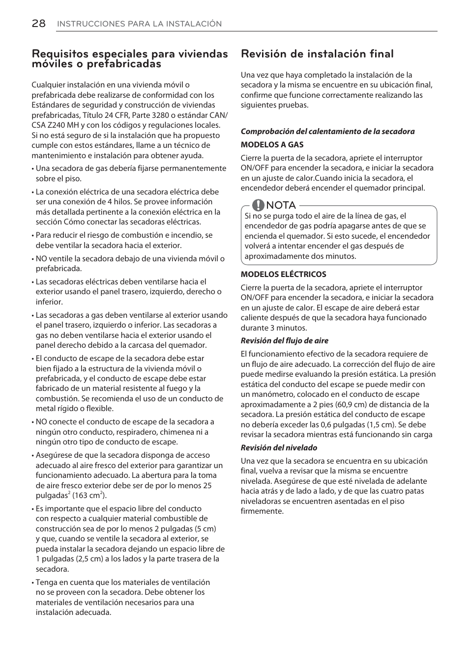 Revisión de instalación final, Nota | LG DLEX3570W User Manual | Page 82 / 116