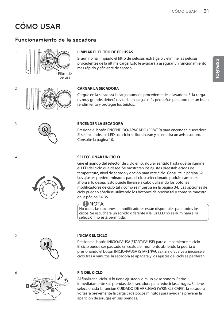 Cómo usar, Funcionamiento de la secadora, Nota | LG DLEX3570W User Manual | Page 85 / 116