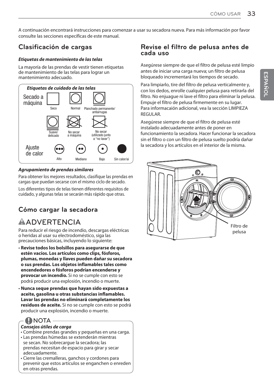 Wadvertencia, Revise el filtro de pelusa antes de cada uso, Clasificación de cargas | Cómo cargar la secadora, Nota | LG DLEX3570W User Manual | Page 87 / 116