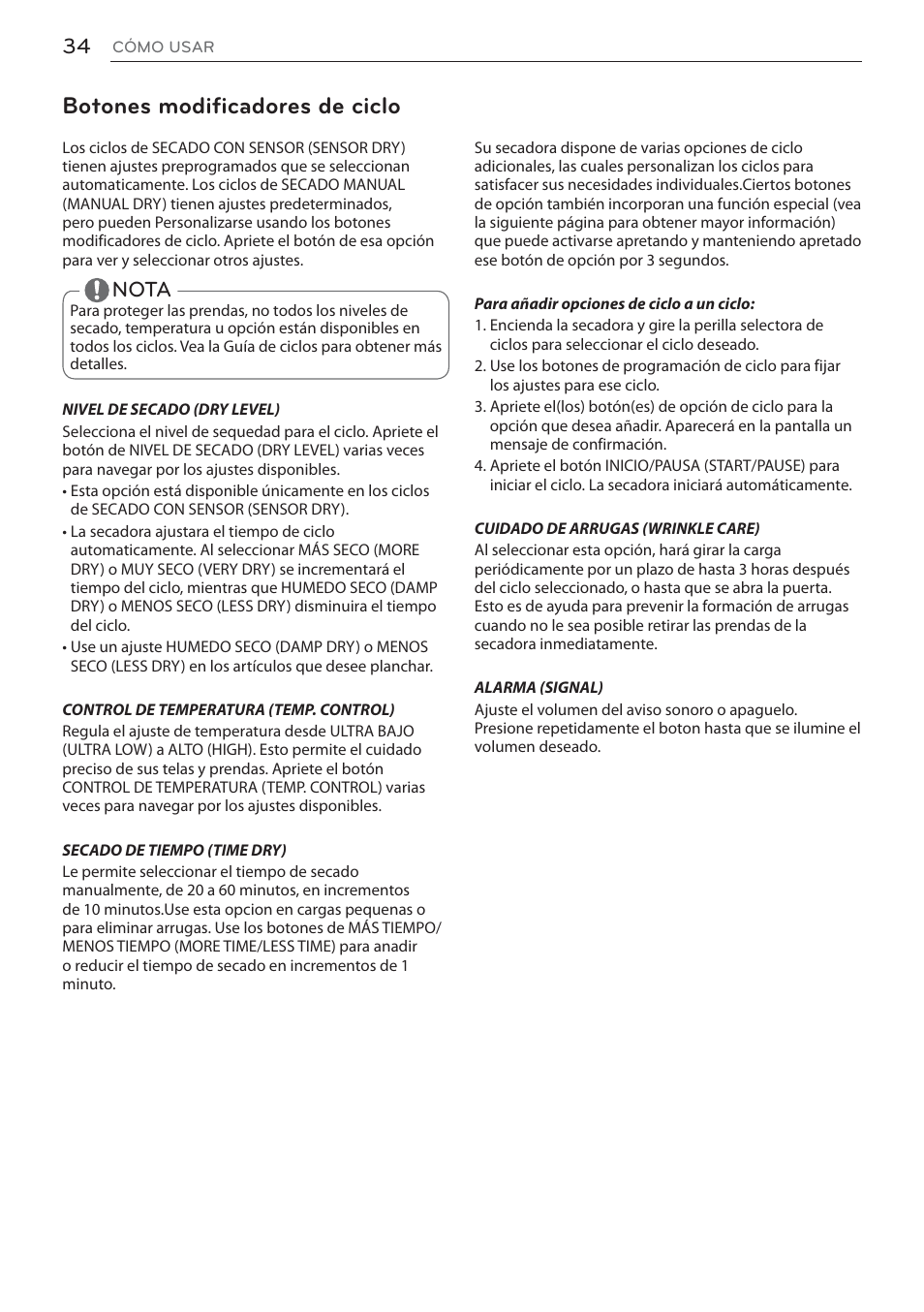Botones modificadores de ciclo, Nota | LG DLEX3570W User Manual | Page 88 / 116