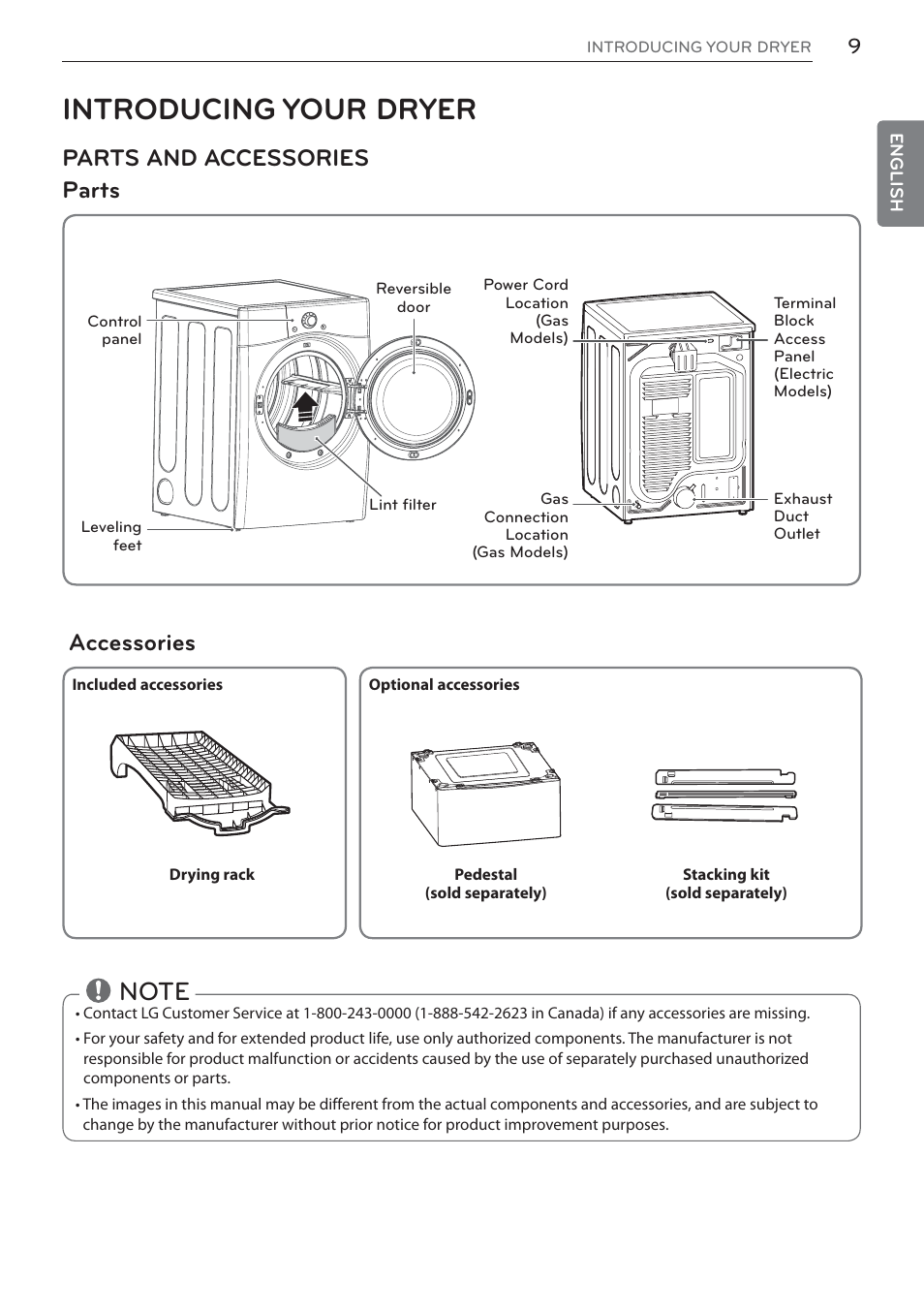 Introducing your dryer, Parts and accessories parts accessories | LG DLEX3570W User Manual | Page 9 / 116