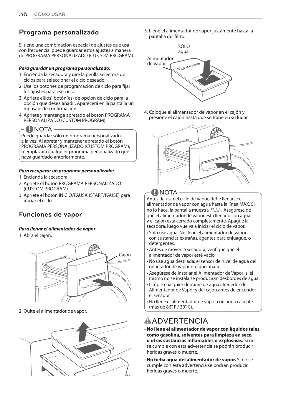 Wadvertencia, Programa personalizado, Funciones de vapor | Nota | LG DLEX3570W User Manual | Page 90 / 116