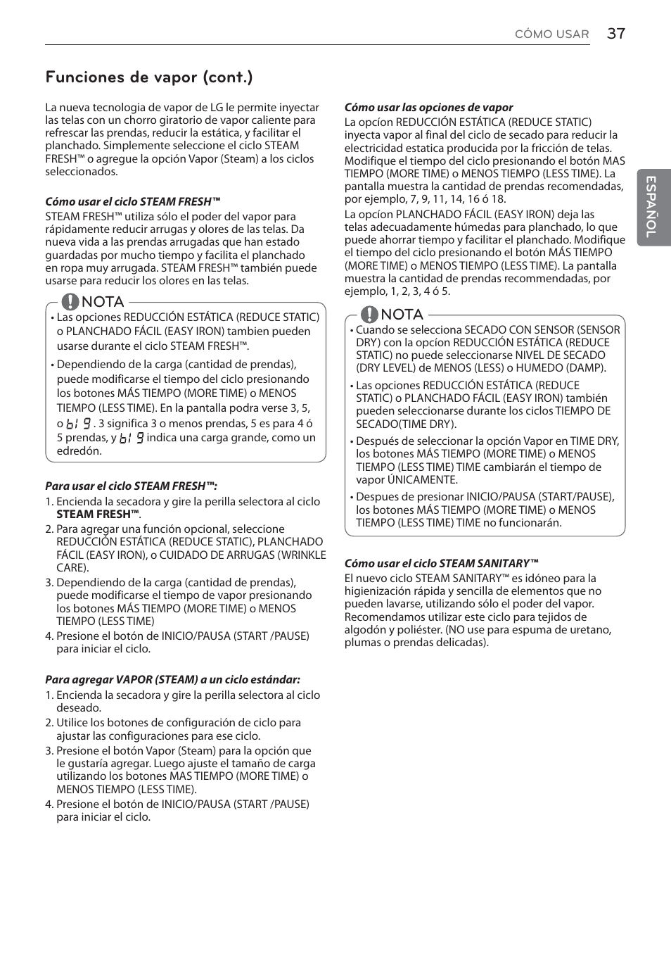 Funciones de vapor (cont.), Nota | LG DLEX3570W User Manual | Page 91 / 116