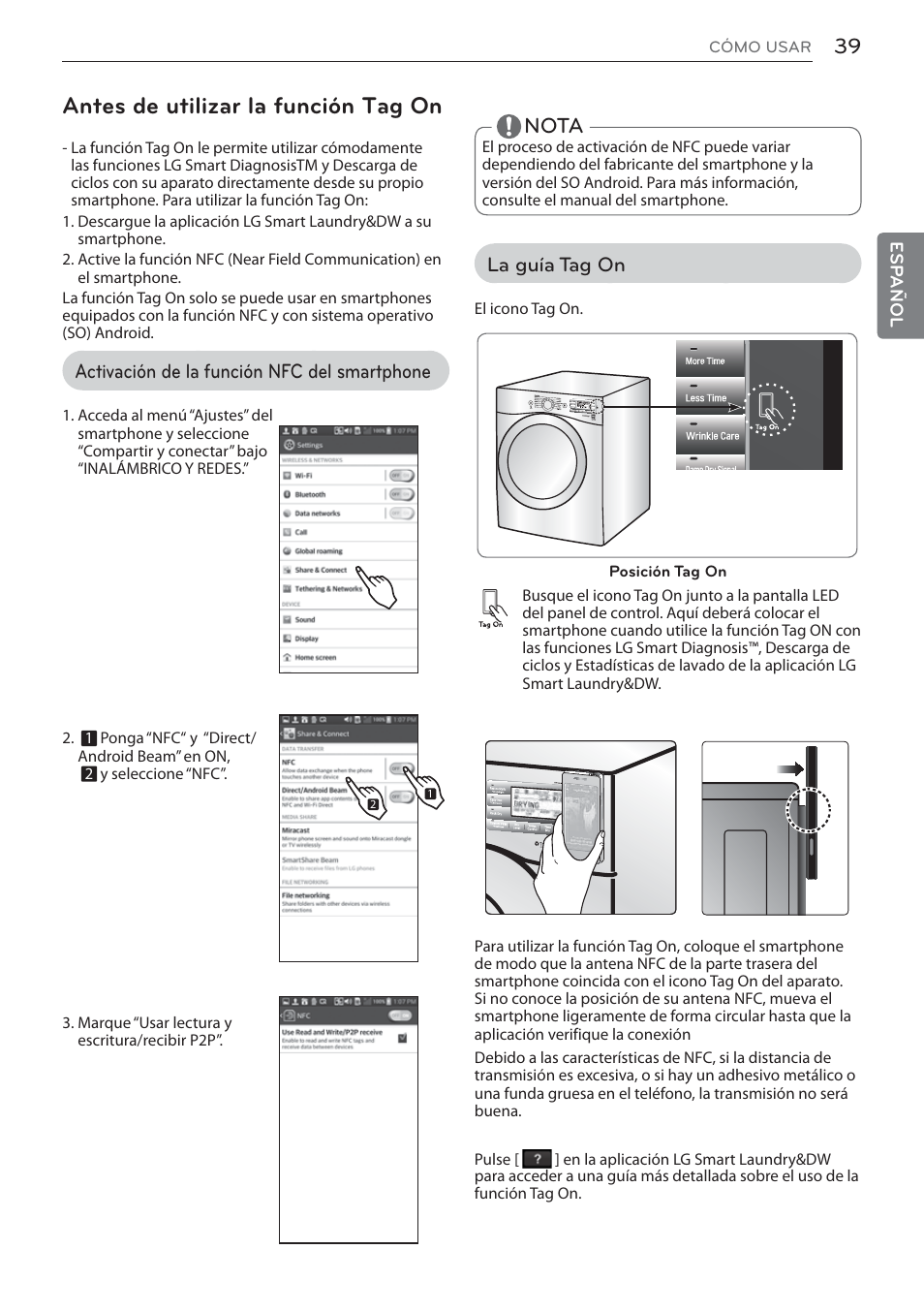 Antes de utilizar la función tag on, Nota, Activación de la función nfc del smartphone | La guía tag on | LG DLEX3570W User Manual | Page 93 / 116