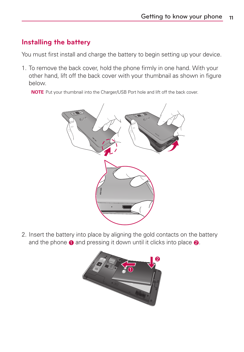 Installing the battery | LG LG730 User Manual | Page 11 / 104