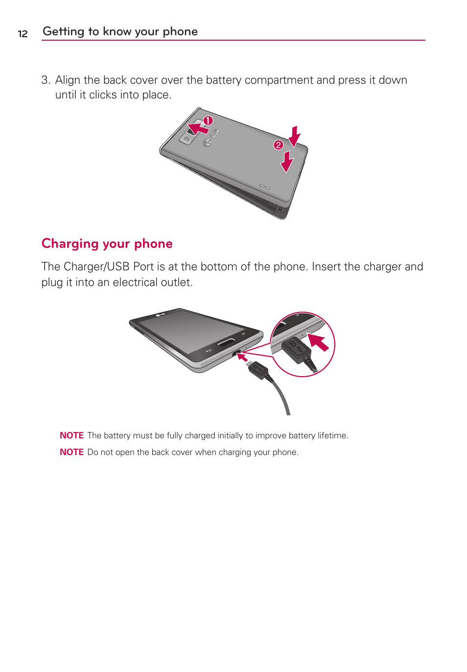 Charging your phone, Getting to know your phone | LG LG730 User Manual | Page 12 / 104