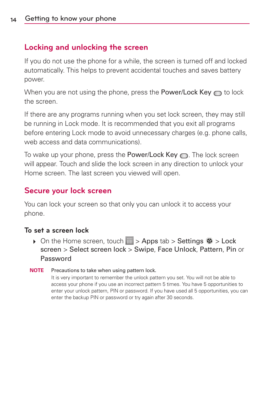 Locking and unlocking the screen, Secure your lock screen | LG LG730 User Manual | Page 14 / 104