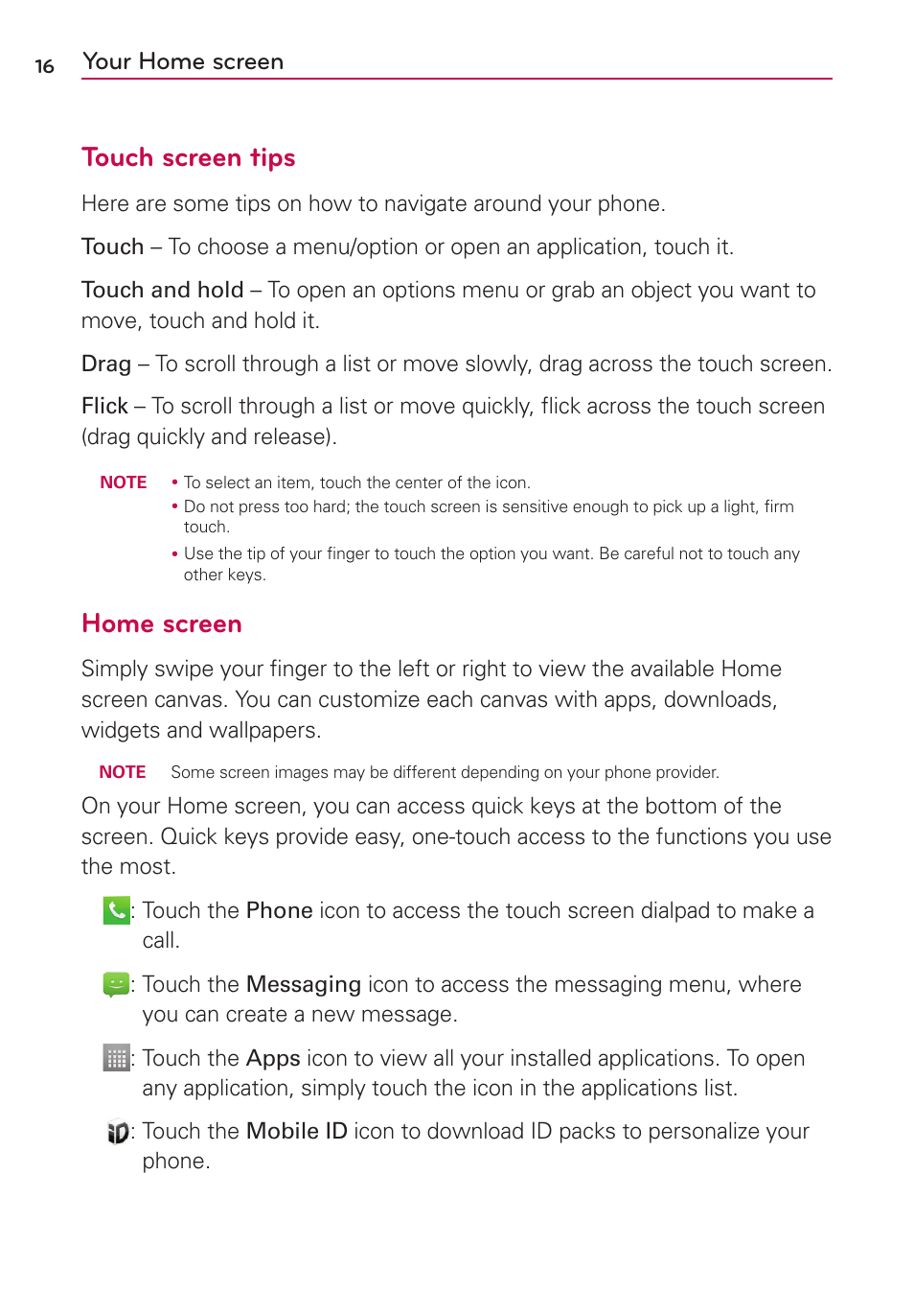 Your home screen, Touch screen tips, Home screen | LG LG730 User Manual | Page 16 / 104