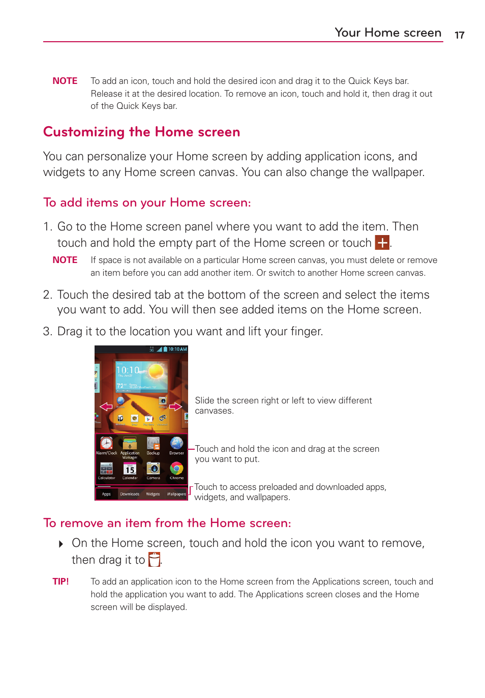 Customizing the home screen, Your home screen | LG LG730 User Manual | Page 17 / 104