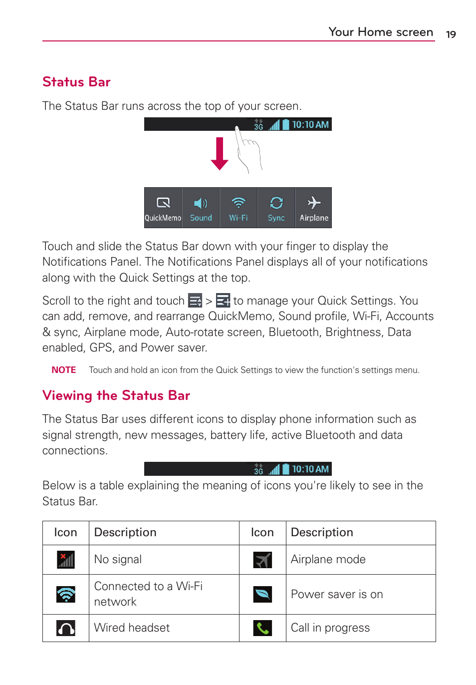 Status bar, Viewing the status bar | LG LG730 User Manual | Page 19 / 104