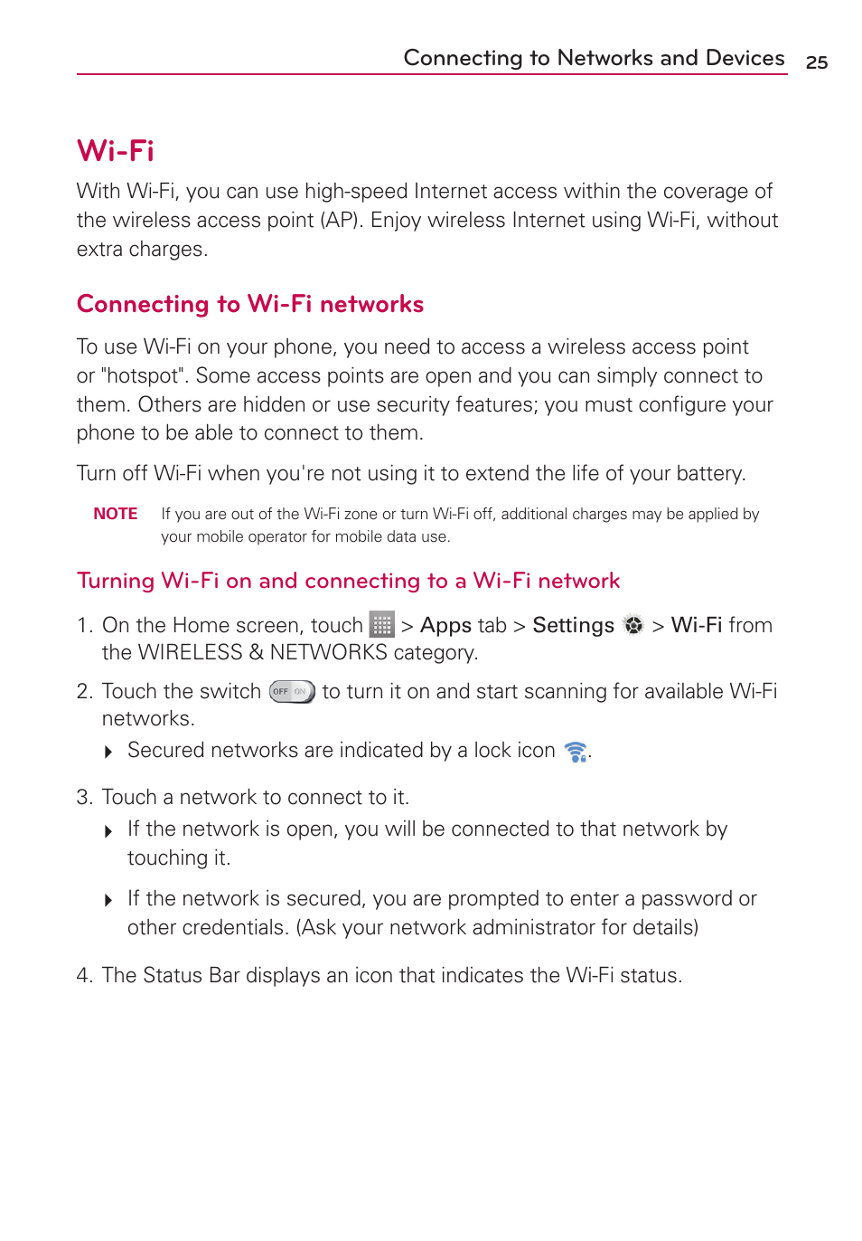 Wi-fi, Connecting to wi-fi networks | LG LG730 User Manual | Page 25 / 104