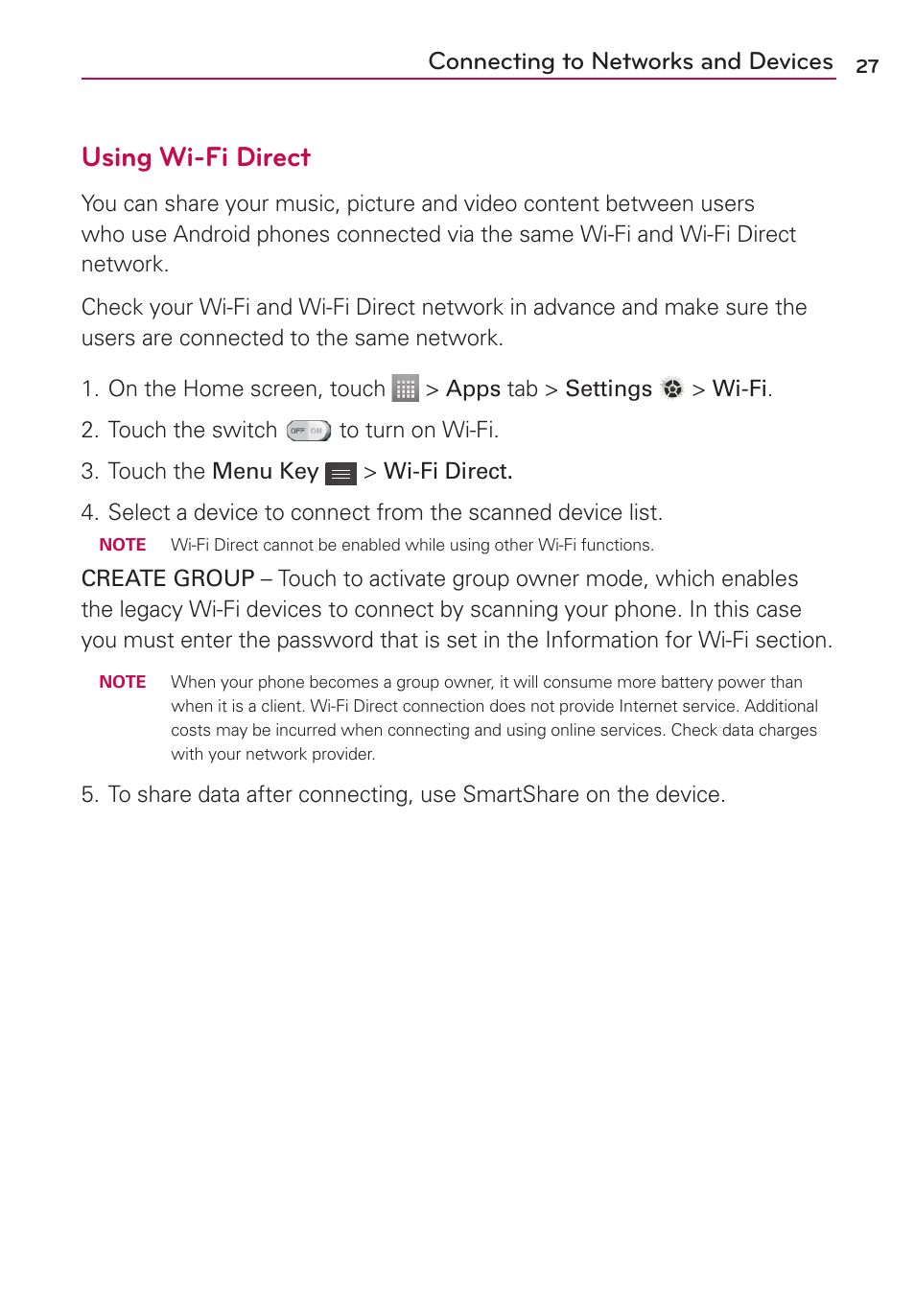 Using wi-fi direct, Connecting to networks and devices | LG LG730 User Manual | Page 27 / 104