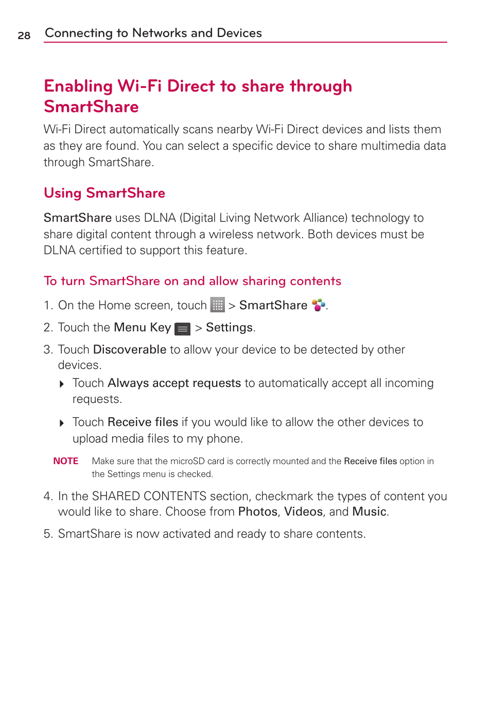 Enabling wi-fi direct to share through smartshare, Using smartshare | LG LG730 User Manual | Page 28 / 104