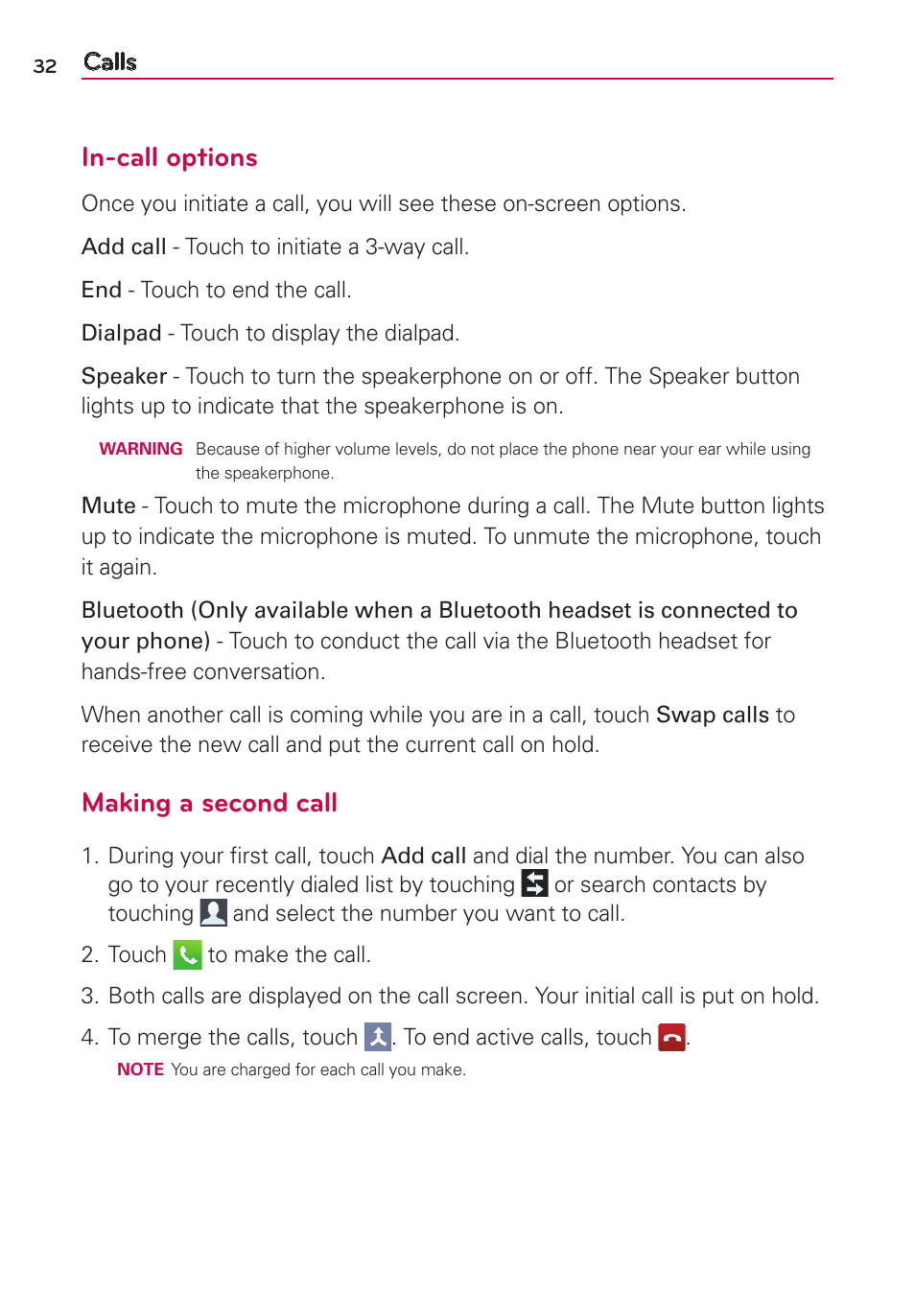 In-call options, Making a second call, Calls | LG LG730 User Manual | Page 32 / 104