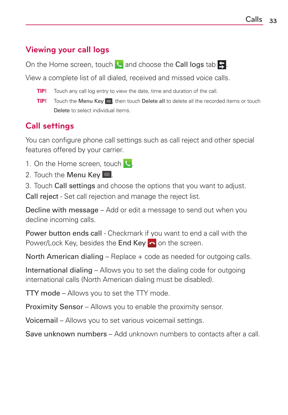 Viewing your call logs, Call settings, Calls | LG LG730 User Manual | Page 33 / 104