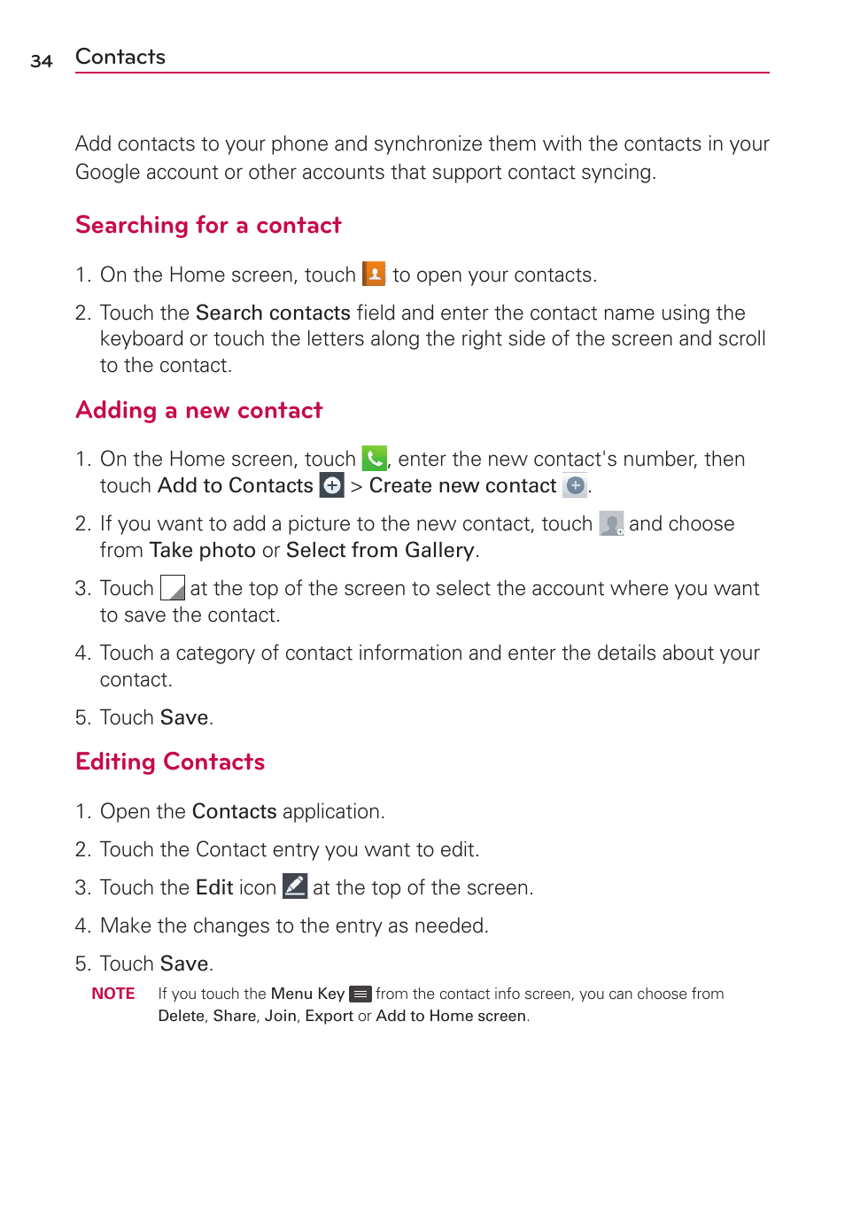 Contacts, Searching for a contact, Adding a new contact | Editing contacts | LG LG730 User Manual | Page 34 / 104