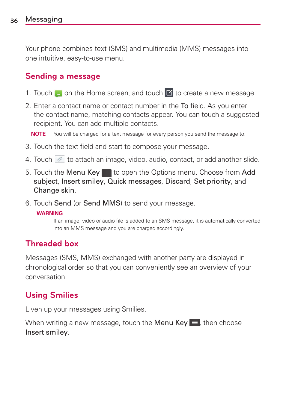 Messaging, Sending a message, Threaded box | Using smilies | LG LG730 User Manual | Page 36 / 104