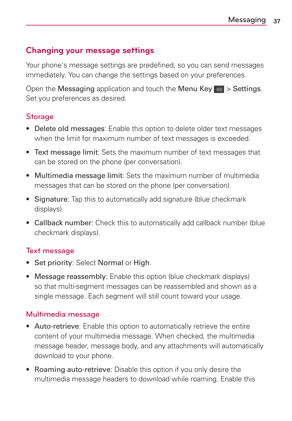 Changing your message settings | LG LG730 User Manual | Page 37 / 104