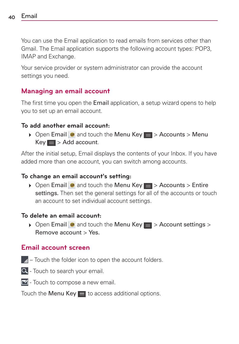 Email, Managing an email account, Email account screen | LG LG730 User Manual | Page 40 / 104