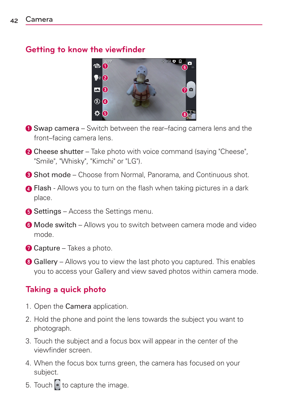 Camera, Getting to know the viewﬁnder, Taking a quick photo | LG LG730 User Manual | Page 42 / 104