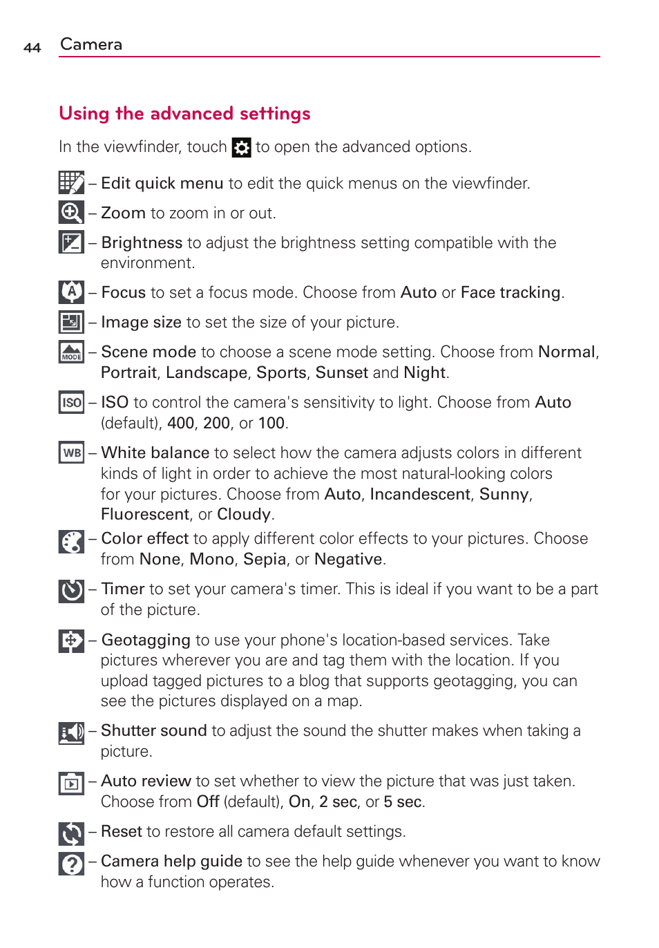 Using the advanced settings | LG LG730 User Manual | Page 44 / 104