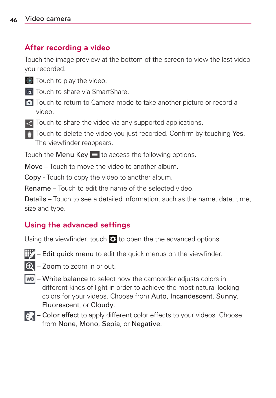 After recording a video, Using the advanced settings | LG LG730 User Manual | Page 46 / 104