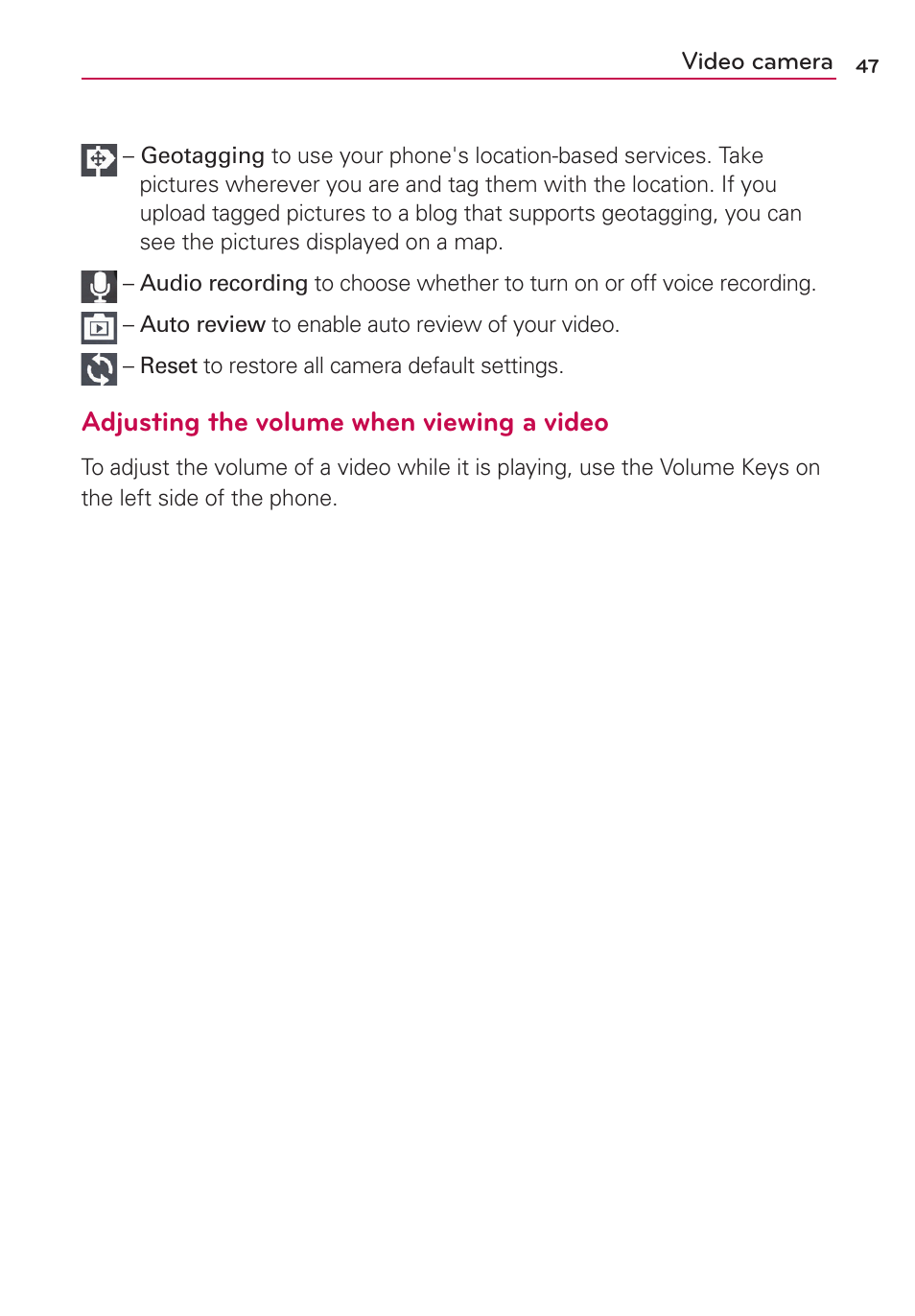 Adjusting the volume when viewing a video | LG LG730 User Manual | Page 47 / 104