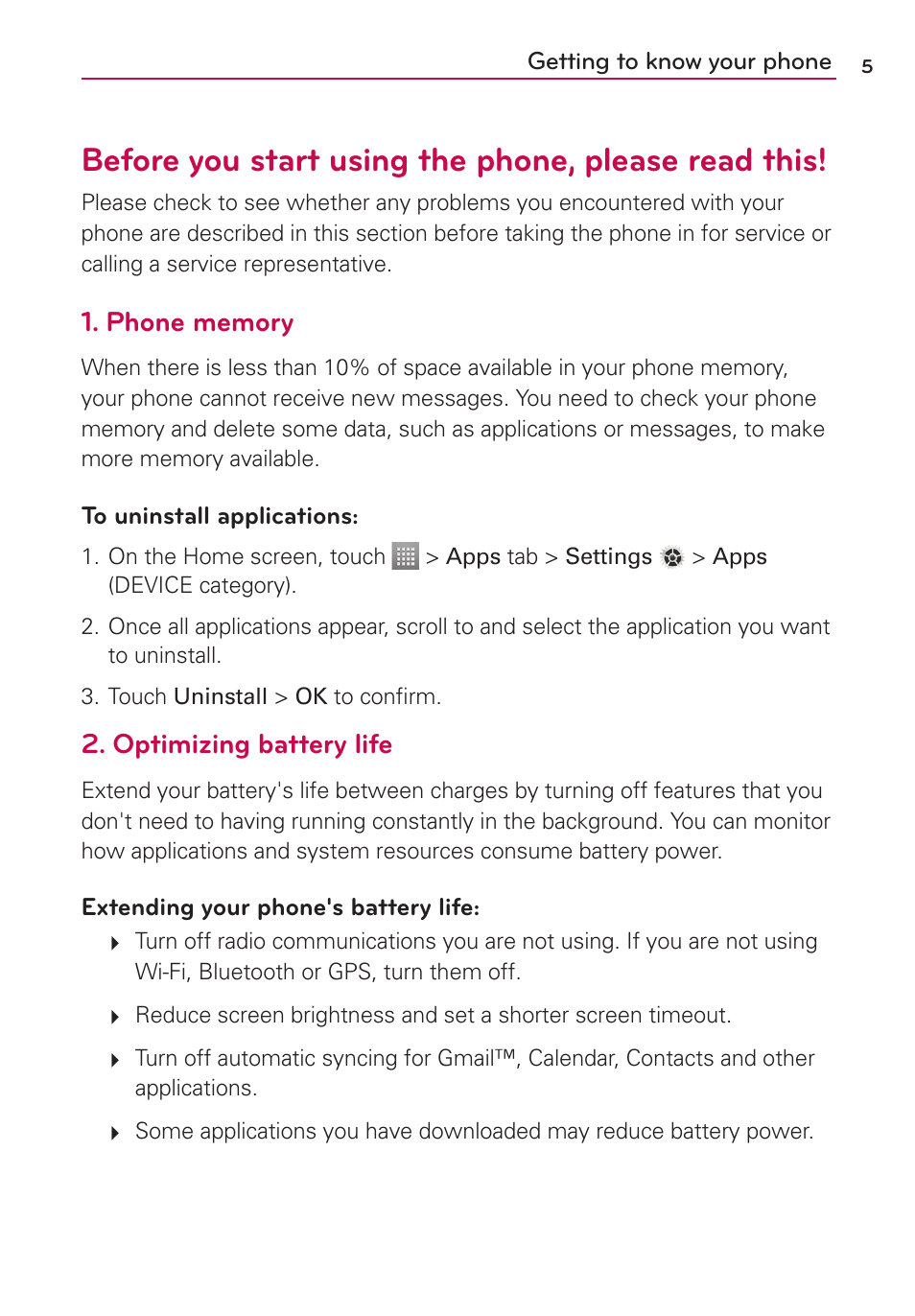 Getting to know your phone, Before you start using the phone, please read this, Optimizing battery life | LG LG730 User Manual | Page 5 / 104