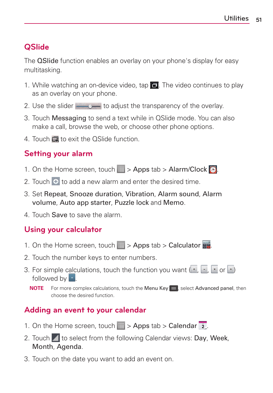 Utilities, Qslide, Setting your alarm | Using your calculator, Adding an event to your calendar | LG LG730 User Manual | Page 51 / 104