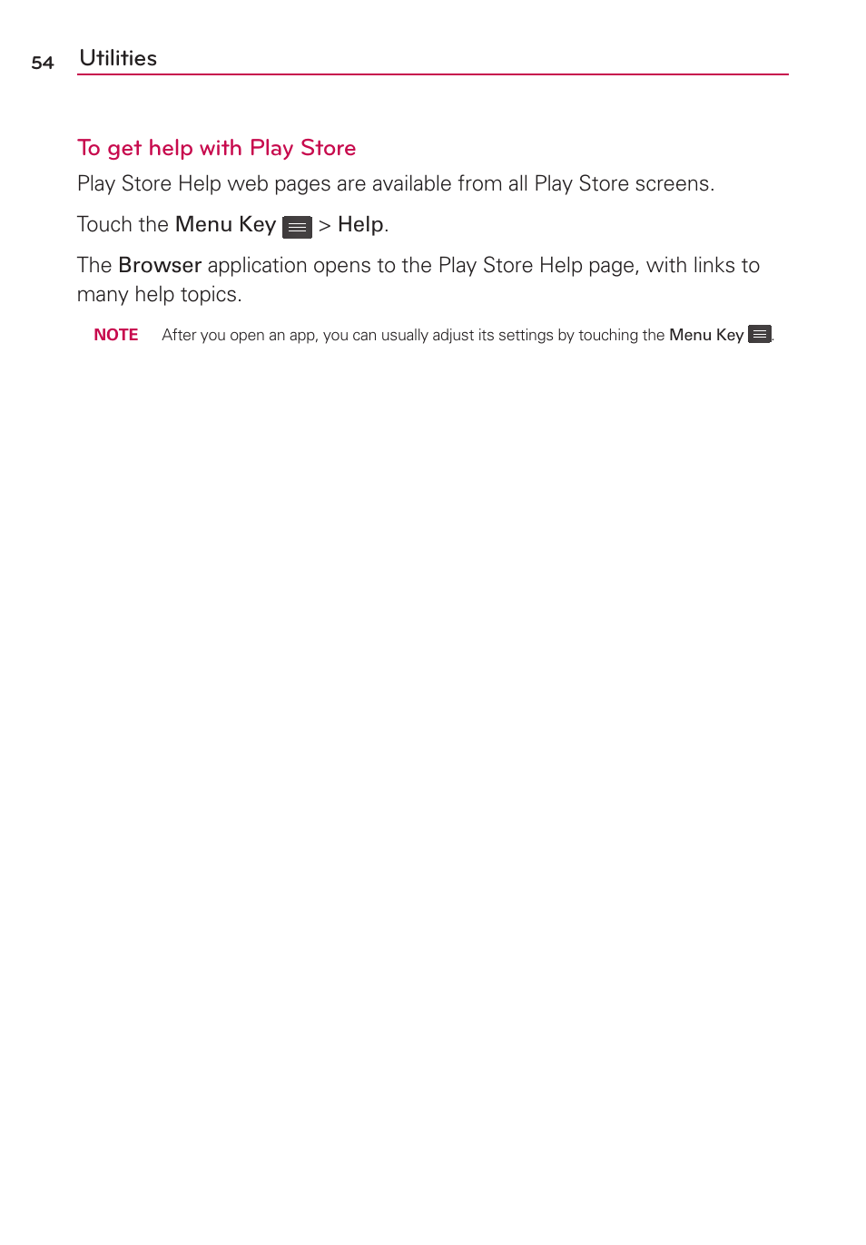Utilities to get help with play store | LG LG730 User Manual | Page 54 / 104