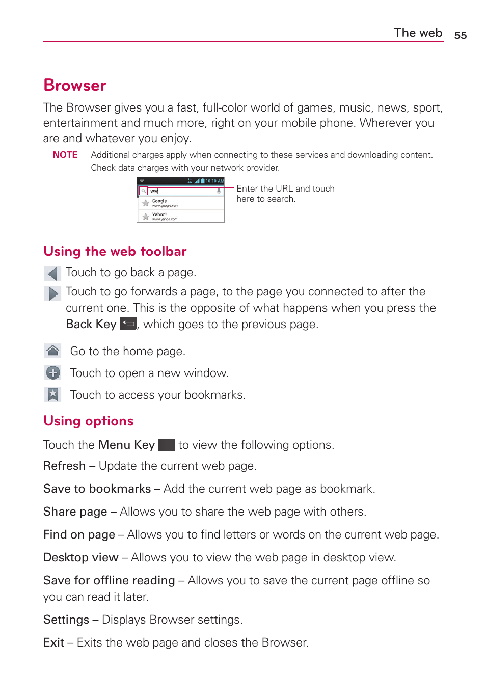 The web, Browser, Using the web toolbar | Using options | LG LG730 User Manual | Page 55 / 104