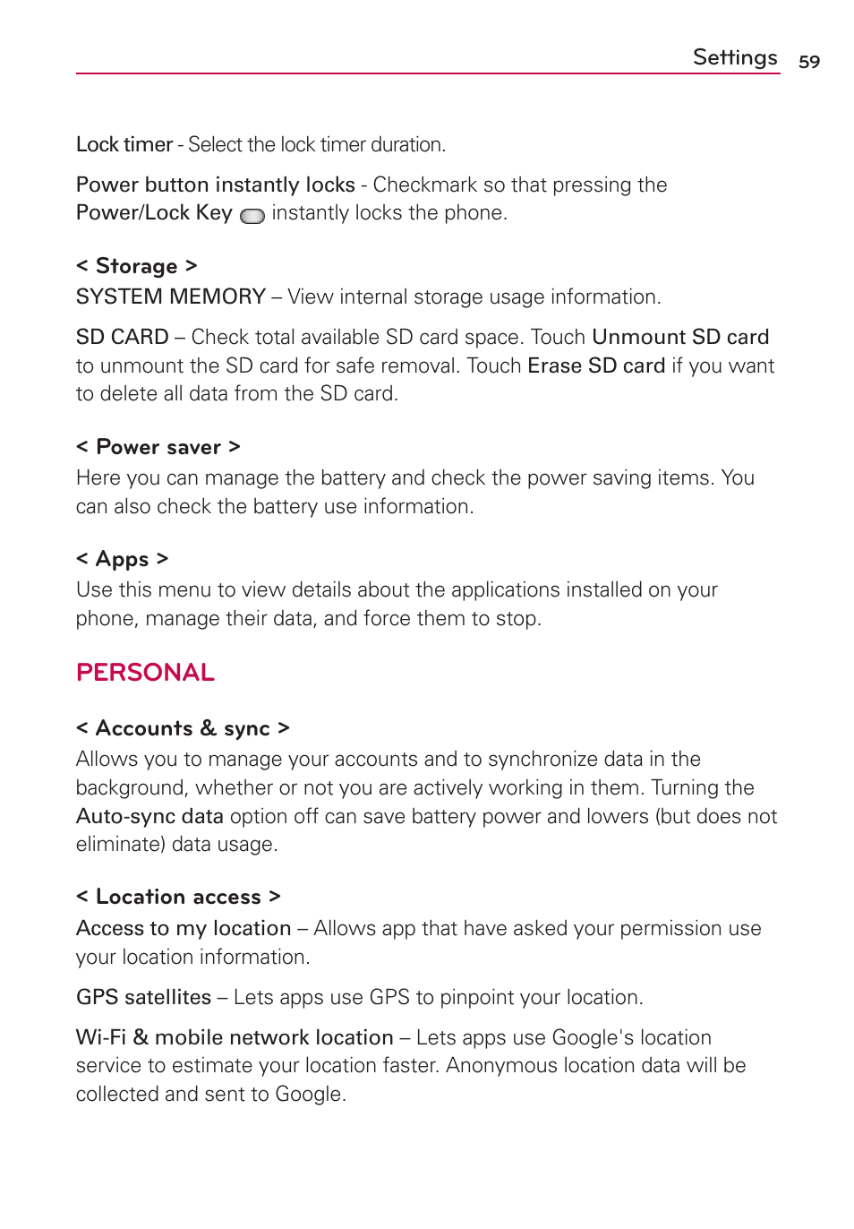 Personal | LG LG730 User Manual | Page 59 / 104