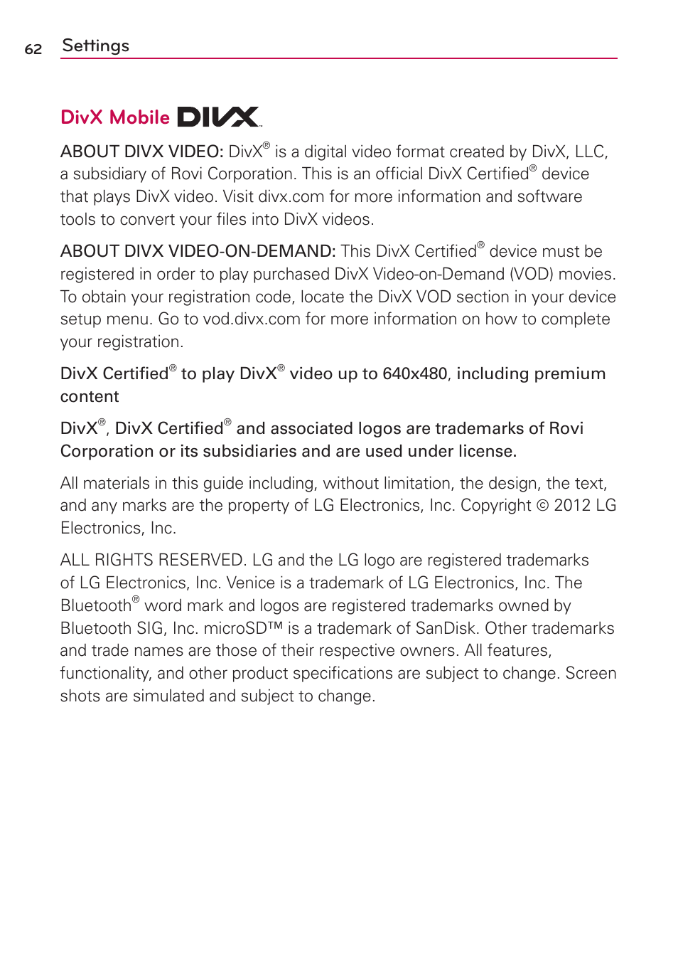 Divx mobile, Settings | LG LG730 User Manual | Page 62 / 104