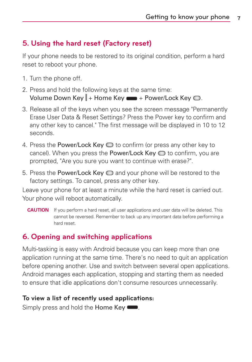 Using the hard reset (factory reset), Opening and switching applications | LG LG730 User Manual | Page 7 / 104