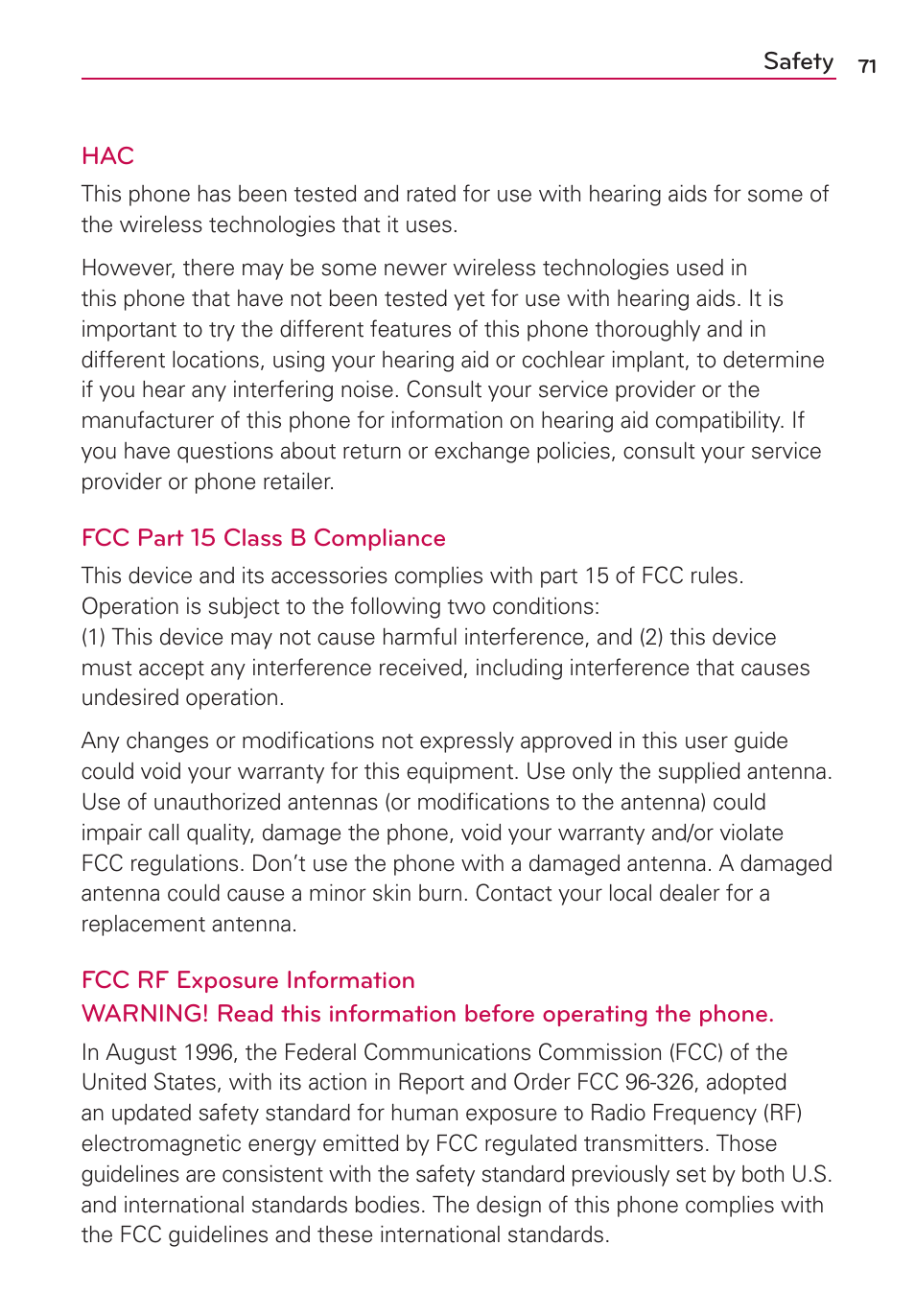 Safety | LG LG730 User Manual | Page 71 / 104