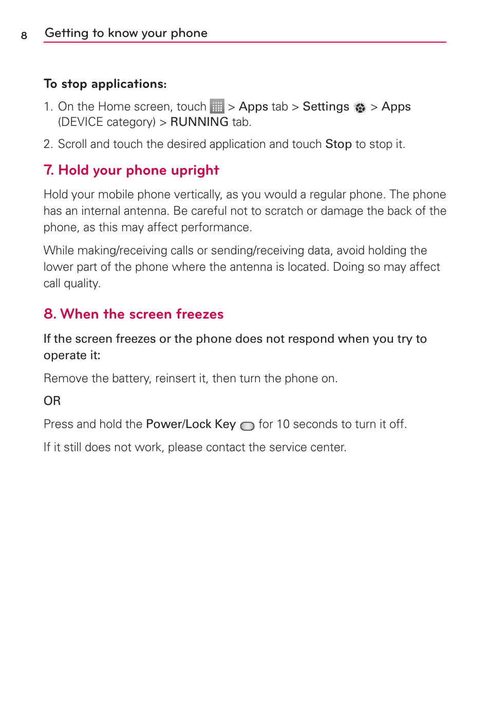 Hold your phone upright, When the screen freezes | LG LG730 User Manual | Page 8 / 104