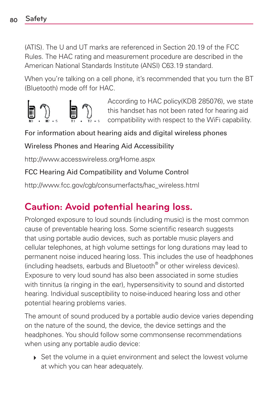 Caution: avoid potential hearing loss | LG LG730 User Manual | Page 80 / 104