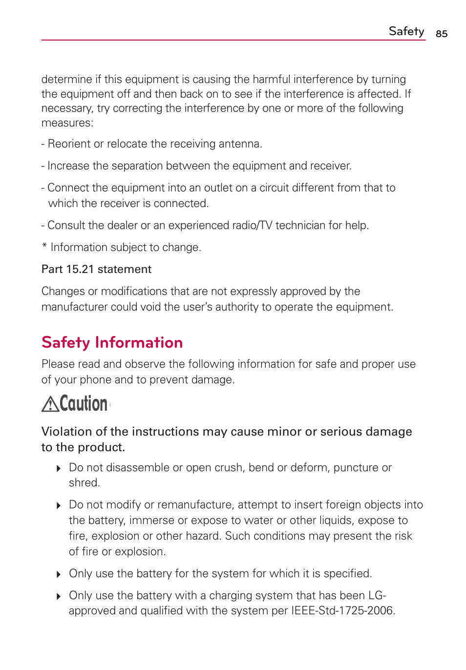 Caution, Safety information | LG LG730 User Manual | Page 85 / 104