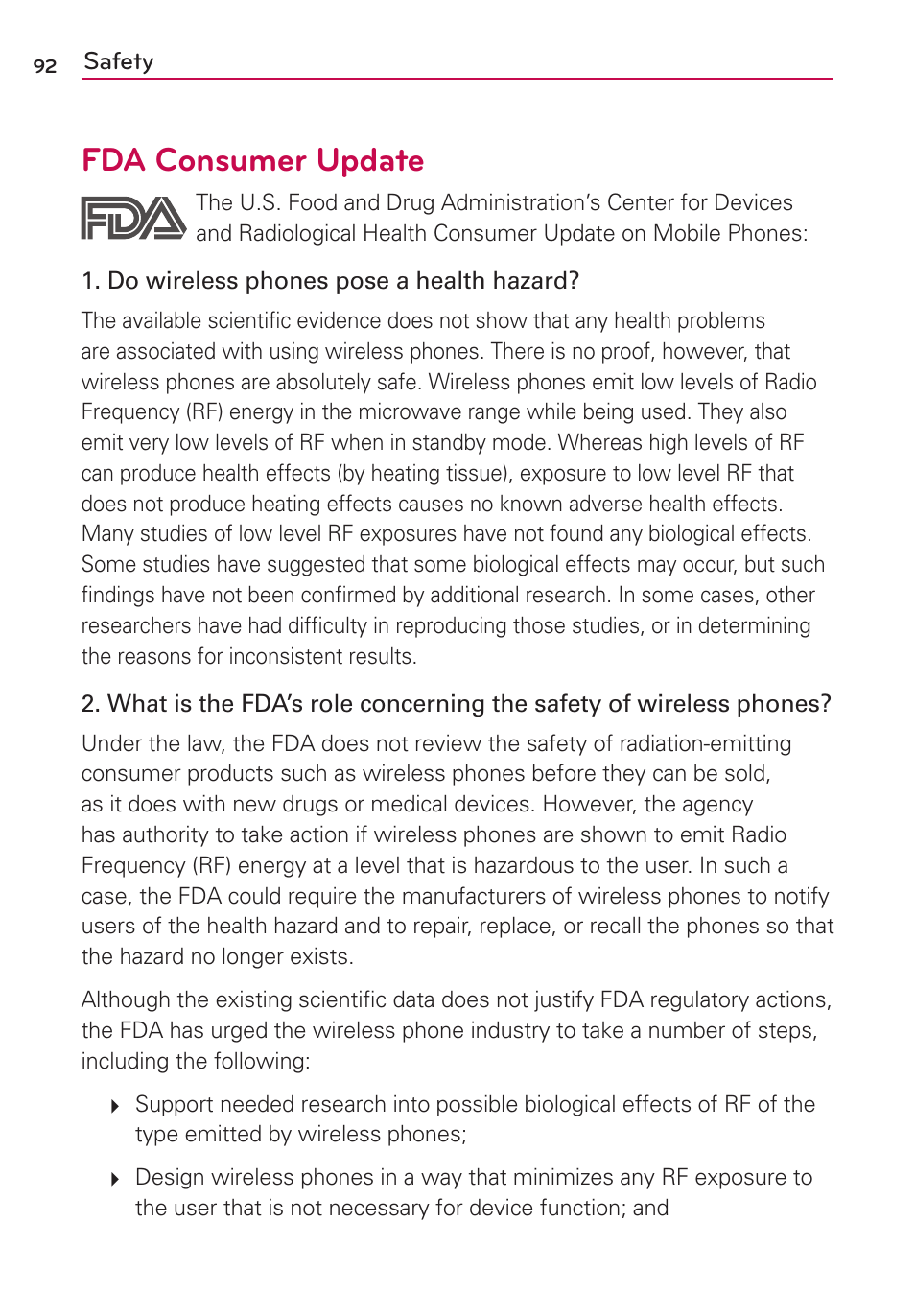 Fda consumer update | LG LG730 User Manual | Page 92 / 104