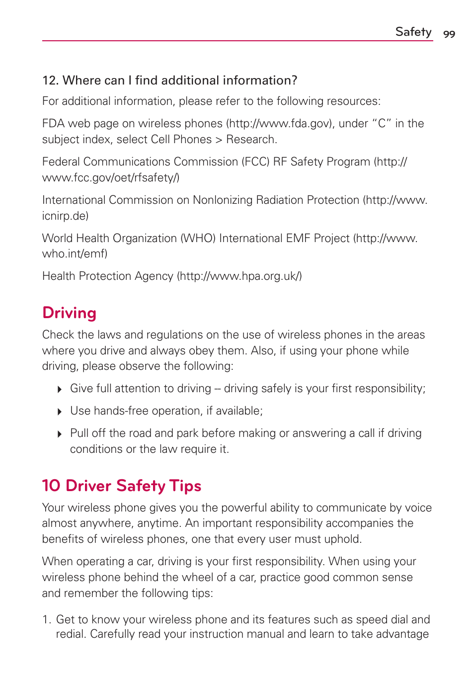 Driving, 10 driver safety tips | LG LG730 User Manual | Page 99 / 104