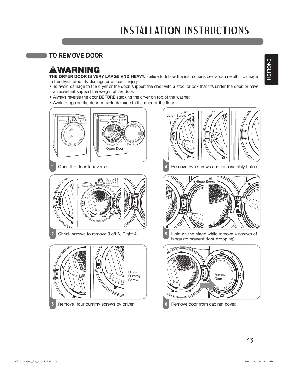 Wwarning | LG DLEX3360V User Manual | Page 13 / 100