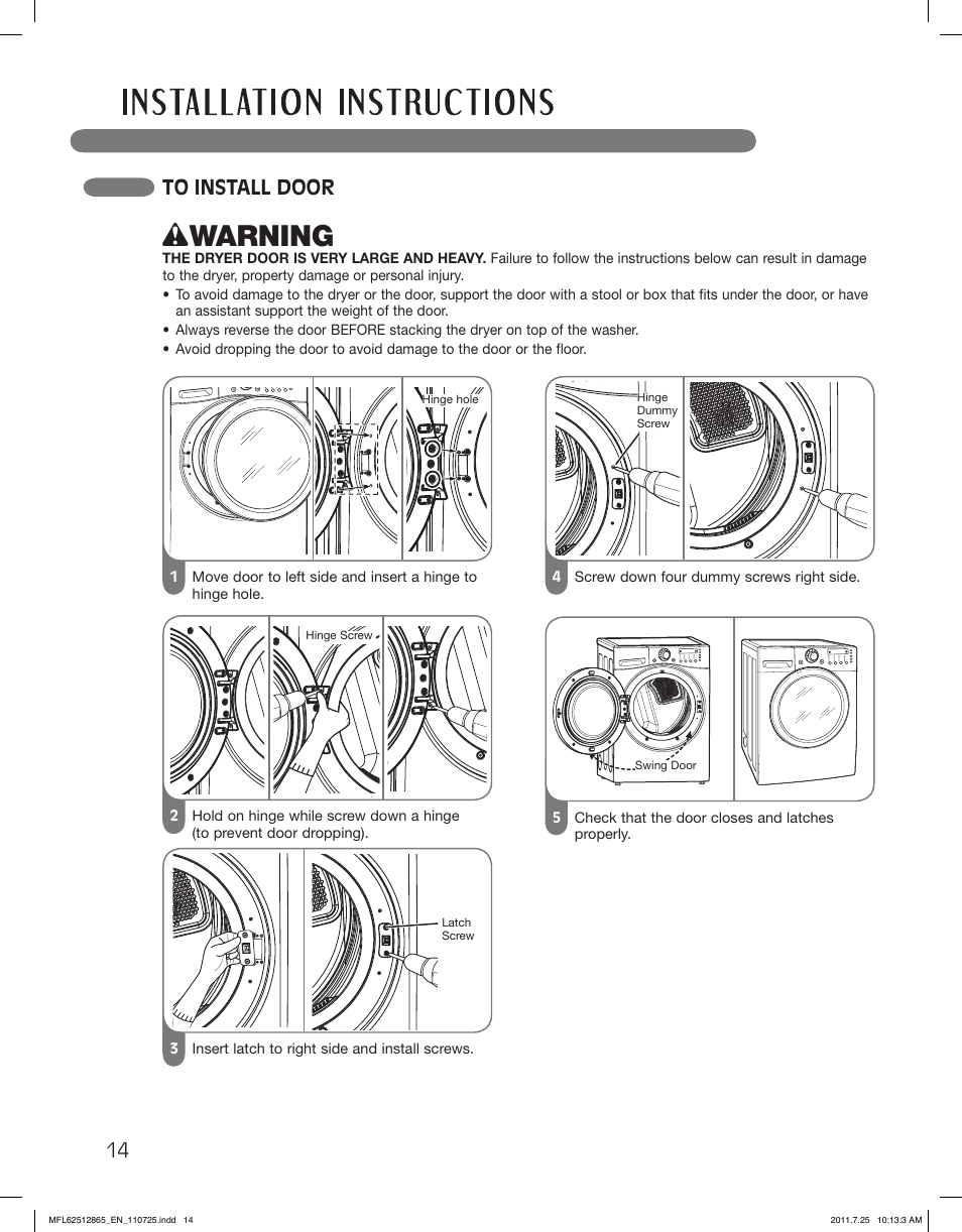 Wwarning | LG DLEX3360V User Manual | Page 14 / 100