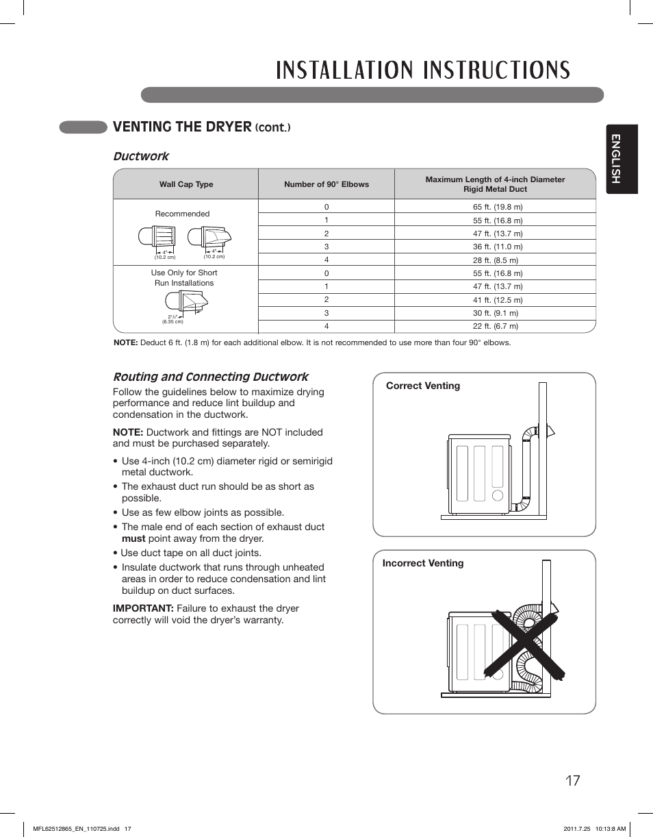 Venting the dryer, English, Routing and connecting ductwork | Ductwork | LG DLEX3360V User Manual | Page 17 / 100
