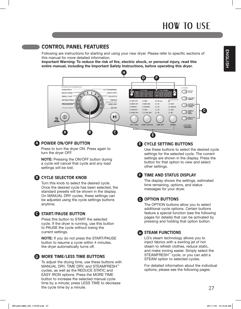 Control panel features | LG DLEX3360V User Manual | Page 27 / 100