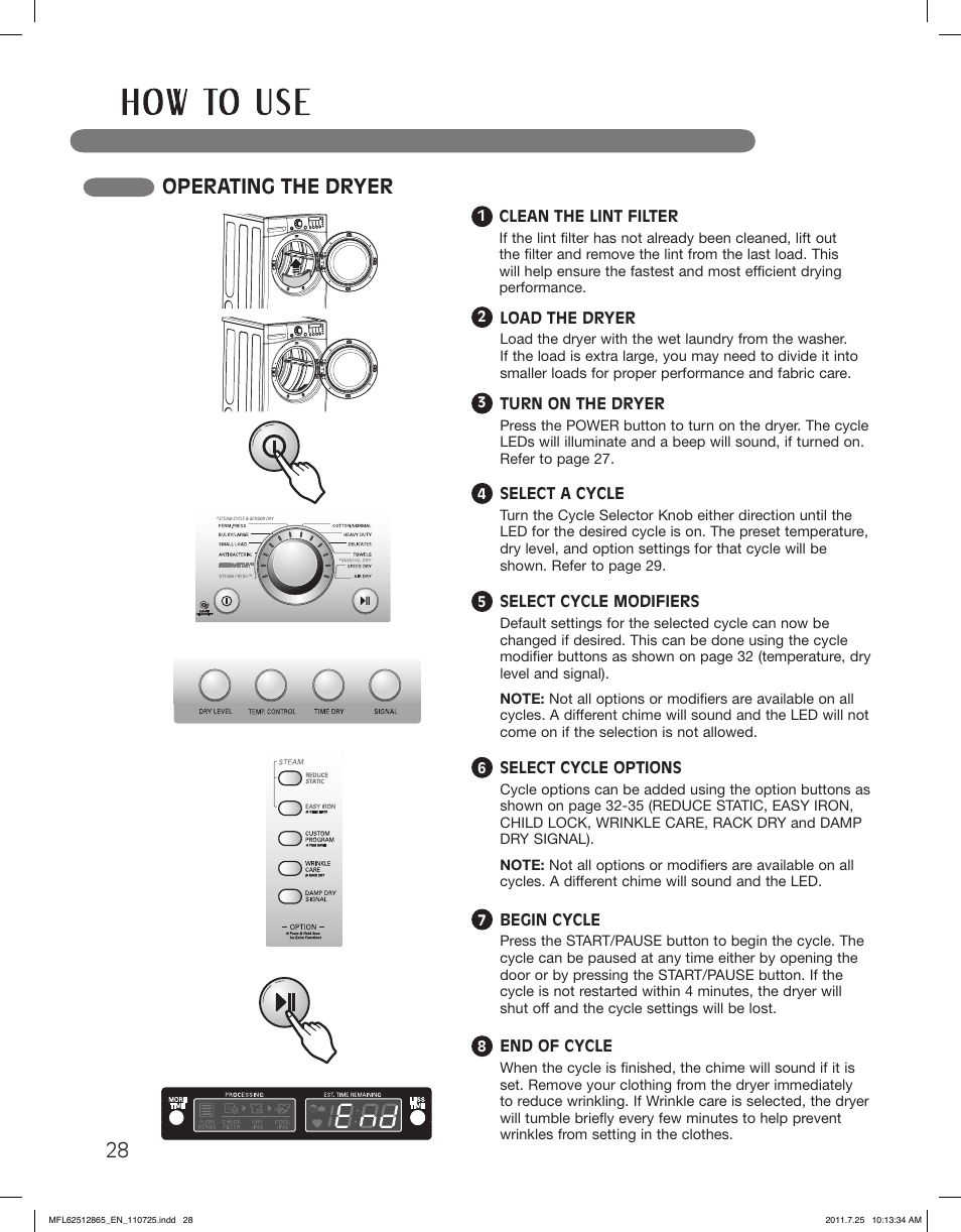 Operating the dryer | LG DLEX3360V User Manual | Page 28 / 100