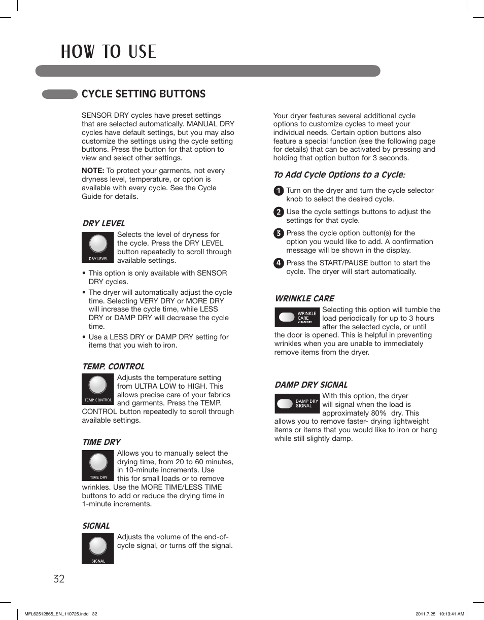Cycle setting buttons | LG DLEX3360V User Manual | Page 32 / 100