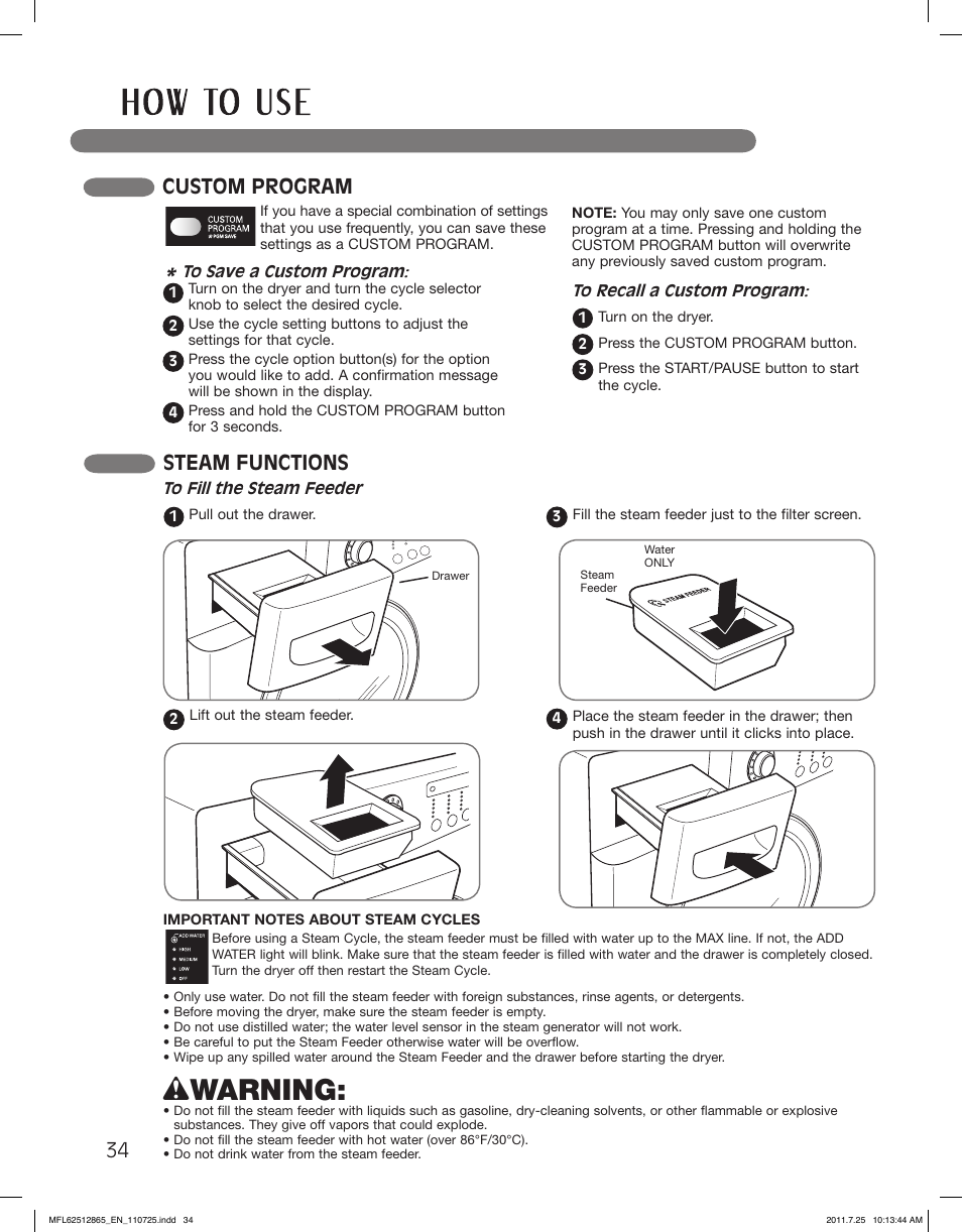 Wwarning, Custom program, Steam functions | LG DLEX3360V User Manual | Page 34 / 100